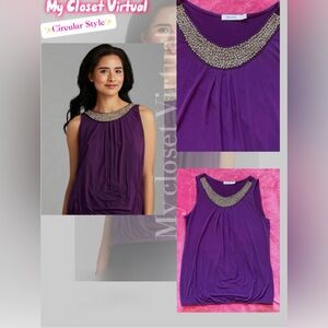 Beaded Neck Sleeveless Purple Womens Top